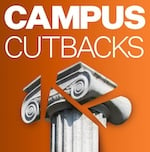 Campus Cutbacks logo. A broken pillar on an orange background