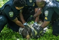 A person held face-down in the grass by several police officers.