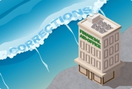 An illustration of a wave, titled Corrections, threatening to wash over a building titled Financial Aid Office