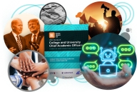 A photo illustration with a screenshot of Inside Higher Ed’s latest survey, surrounded by images of Joe Biden, Donald Trump, a dollar bill, someone holding a bullhorn, an image of a robot surrounded by chat bubbles, and people with varied skin colors putting their hands together.