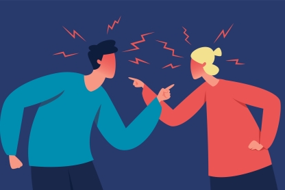 illustration of man and a woman pointing at each other with loud voice marks around their heads, as if in a heated argument