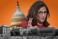 Image of Columbia president Minouche Shafik in front of a silhouette of the Capitol building