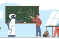 Robot and students in class; one student stands with robot in front of a blackboard pointing at a geometric shape as if teaching the robot 