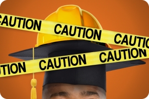 A Black man wearing a graduation cap and hard hat with caution tape overlaying
