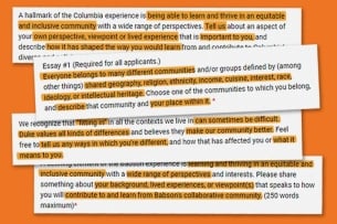 Four blocks of text from essay prompts, highlighted sporadically in orange, on an orange background.