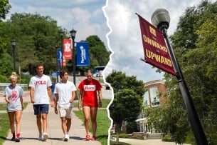 Two colleges campuses separated by a jagged line