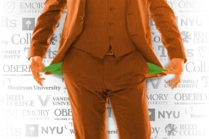 A man pulls his empty pockets inside out, in front of a collage of college names