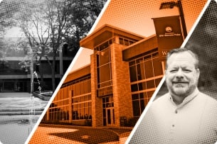 A photo illustration including a photo of Richard Brunson and campuses where he worked.