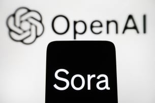 An illustration of a mobile phone bearing the name “Sora” below the OpenAI logo.
