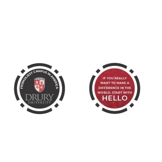 An image showing the front and back of the Great Game of Hello poker chips from Drury University