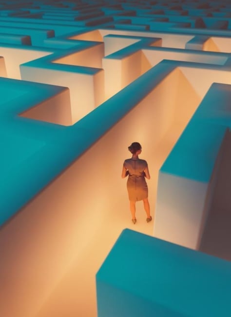 Illustration of female professional standing in a large maze