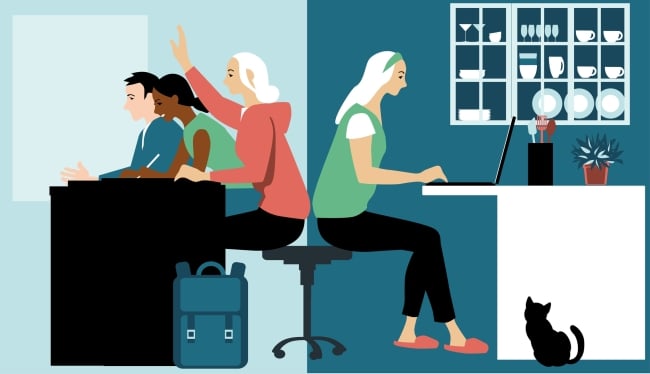 A drawing of students, split into two panels, to represent in-person and online education, respectively: on the left are three young adult students in a classroom and on the right is a single young adult student working at her computer in a kitchen, a cat at her feet. 