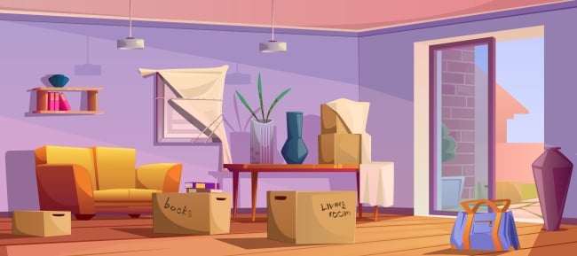 Room that's clearly being moved into with a sofa and other furniture, along with moving boxes labeled books and the like