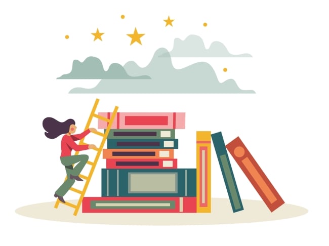 Woman climbing a ladder up a stack of books above which is a type of dream landscape with stars