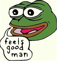 Image of Pepe the frog, a cartoon image co-opted by white supremacists, saying, "feels good man."