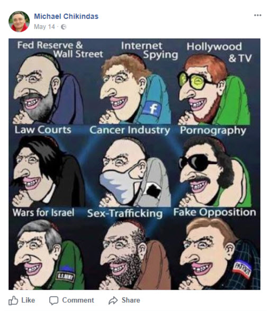 Cartoon posted on Facebook by Michael Chikindas May 14 includes stereotypical portrayals of Jewish men, labeled “Fed Reserve & Wall Street, Internet spying, Hollywood & TV, Law Courts, Cancer Industry, Pornography, Wars for Israel, Sex Trafficking, Fake Opposition.”