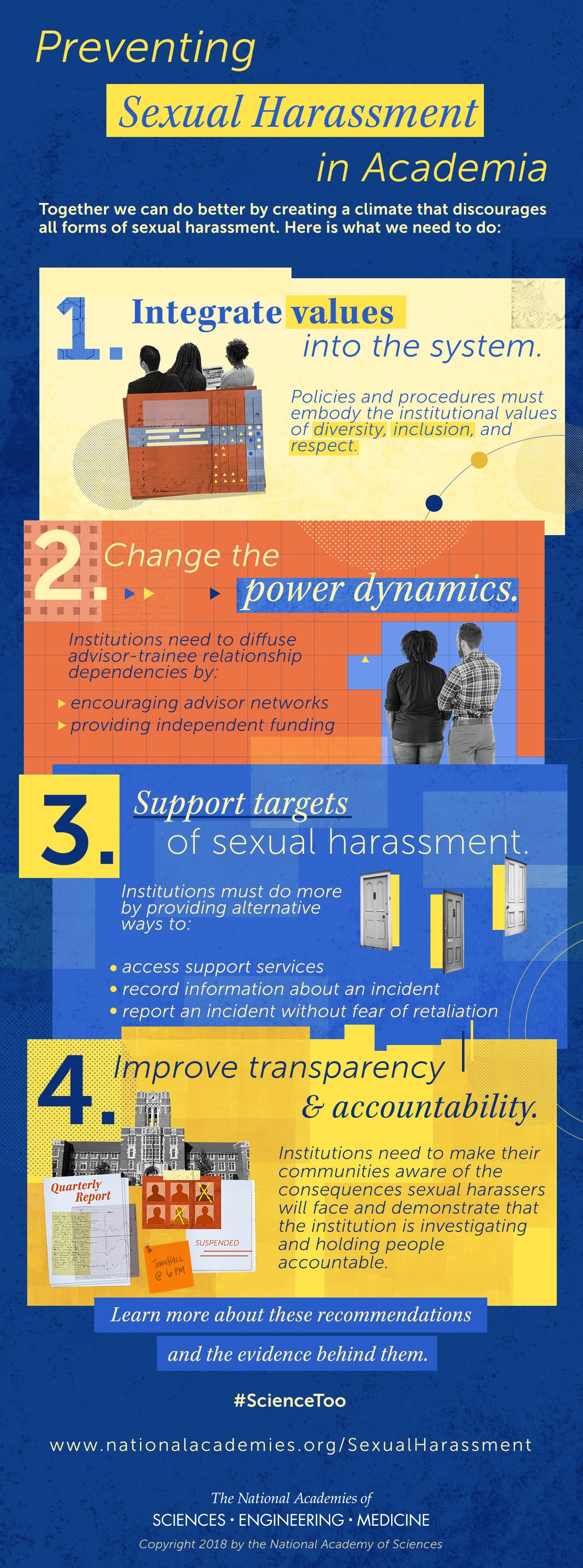 Preventing Sexual Harassment in Academia: Together we can do better by creating a climate that discourages all forms of sexual harassment. Here is what we need to do: 1. Integrate values into the system. Policies and procedures must embody the institutional values of diversity, inclusion and respect. 2. Change the power dynamics. Institutions need to diffuse adviser-trainee relationship dependencies by encouraging adviser networks and providing independent funding. 3. Support targets of sexual harassment. Institutions must do more by providing alternative ways to access support services, record information about an incident, and report an incident without fear of retaliation. 4. Improve transparency and accountability. Institutions need to make their communities aware of the consequences sexual harassers will face and demonstrate that the institution is investigating and holding people accountable. Learn more about these recommendations and the evidence behind them. #ScienceToo"
