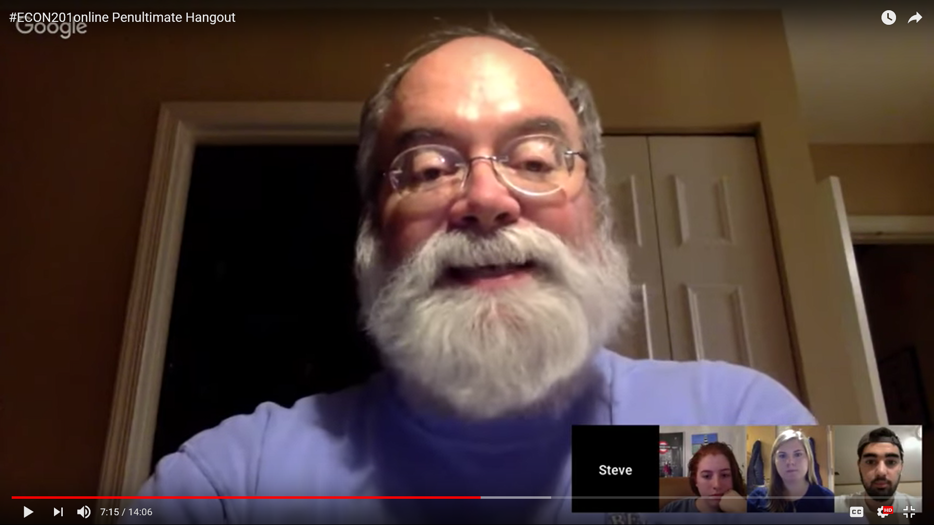 Steve Greenlaw, economics professor at the University of Mary Washington, meets with students on Skype and Google Hangout to advise them on group projects