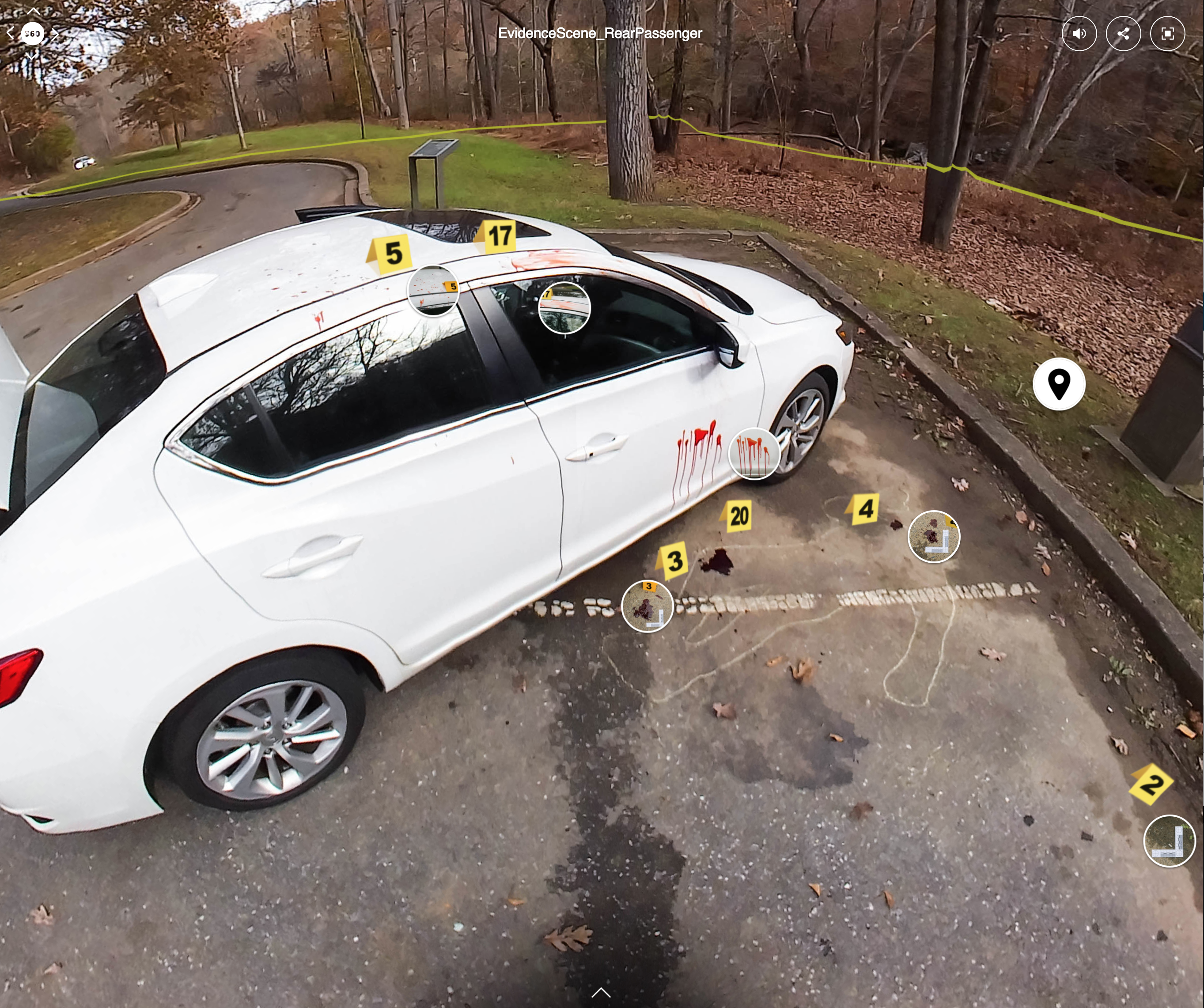 This screenshot shows a screen from the virtual reality simulation. A white car takes up most of the frame, with yellow evidence markers indicating areas where students should zoom in for further inspection.