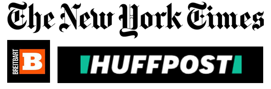 Logos of The New York Times, Breitbart and The Huffington Post