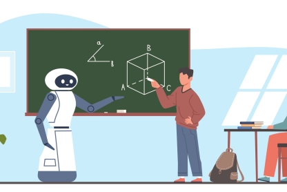 Robot and students in class; one student stands with robot in front of a blackboard pointing at a geometric shape as if teaching the robot 