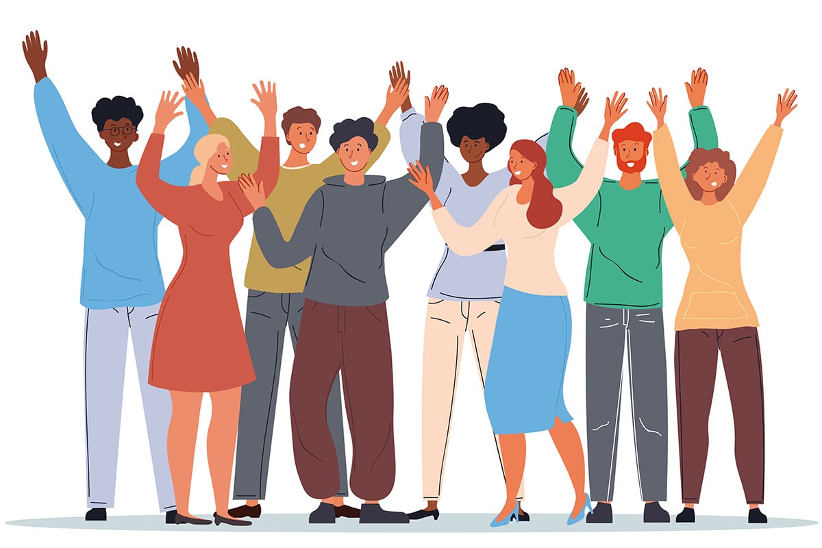 Group of Diverse Multiracial Smiling People Standing with Raised Hands.