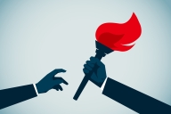 Illustration: a hand reaches out to another hand holding a bright red torch
