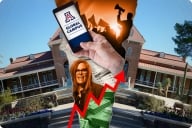The University of Arizona campus with a slash down the middle. The slash is filled with a picture of a phone, money, protestors, Arizona Gov. Hobbs and a red arrow going upward. 