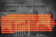 A photo illustration combining a photograph of the Iowa State Capitol with an excerpt of Senate File 2435 atop it.