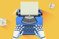 Robot hands are placed on a blue typewriter. The overall background image is yellow, with two pieces of crumpled paper on either side of the typewriter. 