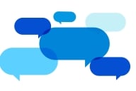 A drawing of six speech bubbles, of various shades of blue, against a white background.