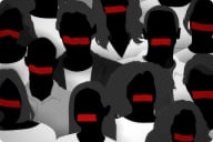An illustration of multiple featureless black faces with red tape over where their mouths would be.