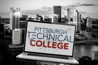 A photo illustration of a cracked logo for Pittsburgh Technical College.
