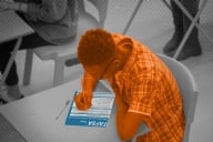 Photo illustration of a student sitting at a desk in a classroom filling out a FAFSA form