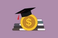 A drawing of a pile of books, fronted with a gold coin with a dollar sign, and topped with a graduation cap.