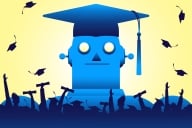A robot looms in the background wearing a graduation cap, while a group of human graduates celebrate by throwing their caps in the air and hoisting their degrees in their hands 