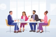 Illustration of a group of four diverse people sitting around a table happily engaged 