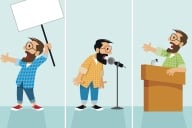 A cartoon of a professor holding up a sign in the left panel, speaking into a standing mike in the middle panel and speaking at a lectern in the last panel.