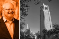 A photo illustration including a photograph of William Inboden on the left and one of the University of Florida Century Tower on the right.