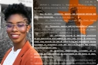 Shawntal Z. Brown is pictured wearing an orange blazer next to an image of UT Austin's campus, overlaid with text from SB 17 and a picture of Texas's outline.