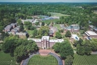 An arial view of Catawba College’s campus with many buildings and trees