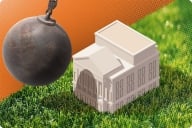 Photo illustration of a wrecking ball about to hit a building.