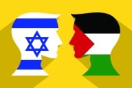 An illustration of the Israeli and Palestinian flags, respectively. each cut into the recognizable shape of a human head, with the two flags/heads face-to-face with one another, as if in dialogue.