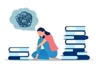 Young woman sits surrounded by books looking sad with a thought bubble above her that is full of scrambled lines