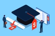 Illustration of a graduation cap and price tag