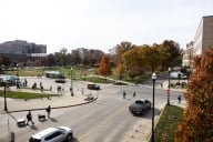 Students walk on Ohio State University's campus in Columbus, Ohio.