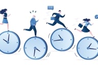 Two women and two men each run atop a clock (each clock with different times) as if in a race