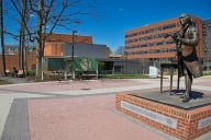 A statue of George Mason sits at the forefront of this image of George Mason University's campus. University buildings can be seen in the background.