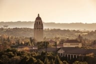 A photograph of Stanford University's campus, showing the Hoover Tower.