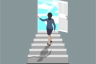 Woman walks up stairs toward a door opening to blue skies